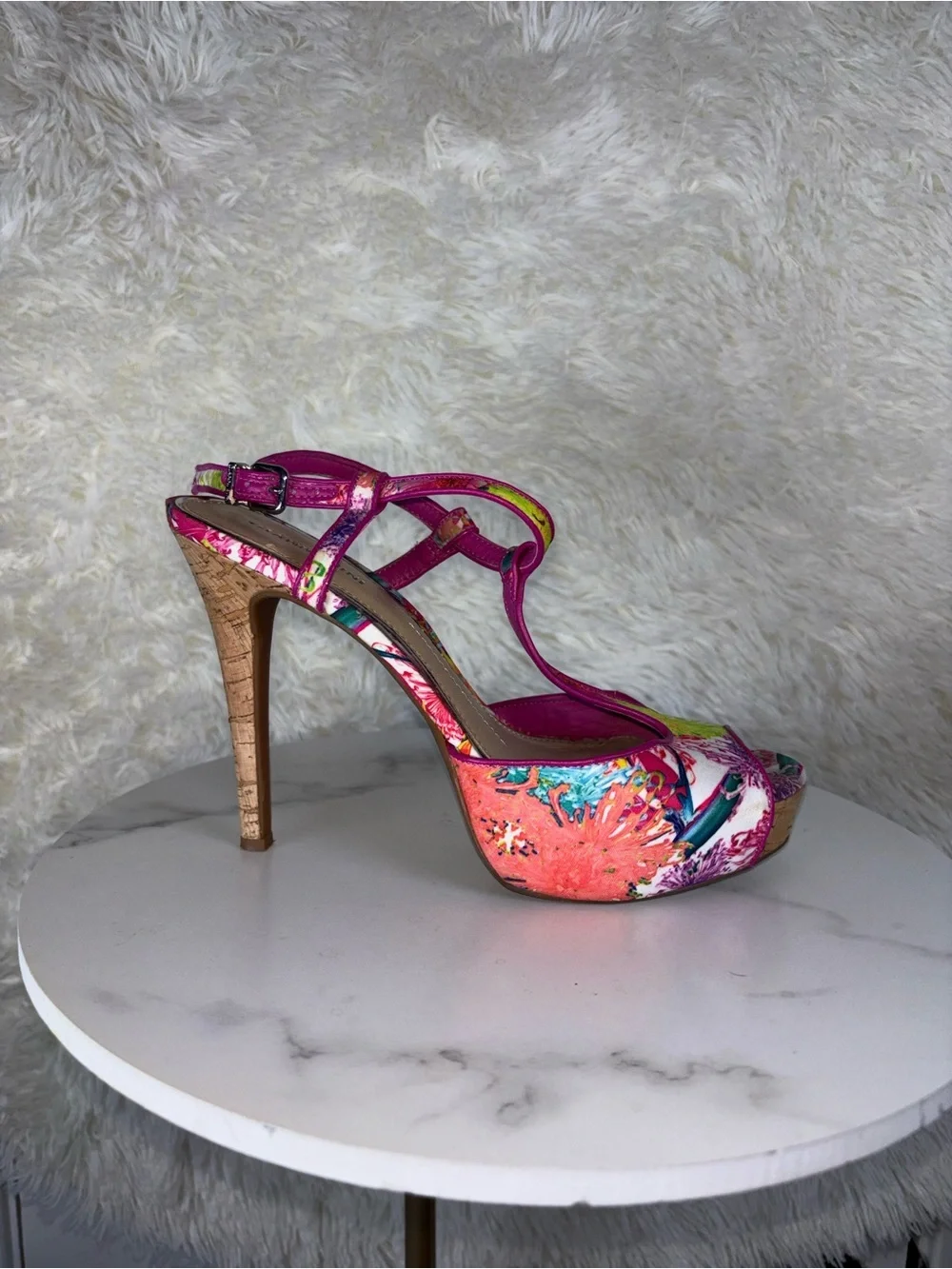 Gianni Bini Pink Floral Platform T-Strap High Heels